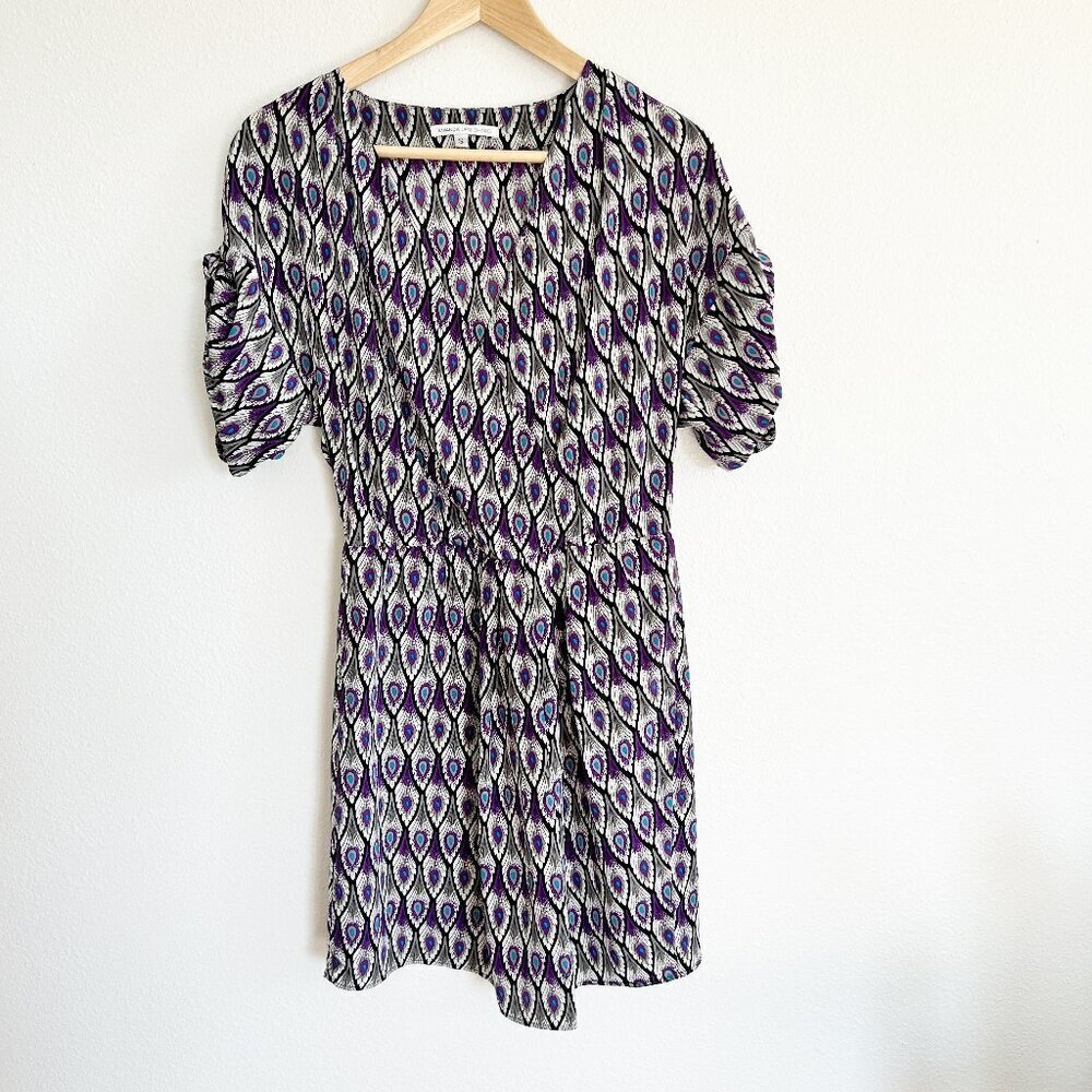 Amanda Uprichard Dress 100% Silk Peacock Mini Dress Faux Wrap